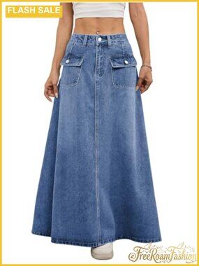 Vintage Mid-Rise Flared Denim Maxi Skirt A-Line Pleated